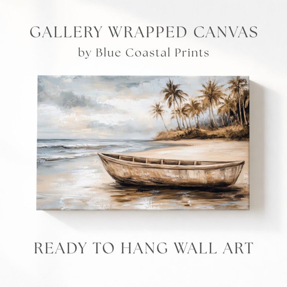 Neutral Beached Canoe Tropical Shoreline On Art Soft Tan And Gray Ocean Palm Tree Coastal Seascape Gallery Wrapped Beach Art, Unframed Paper Print