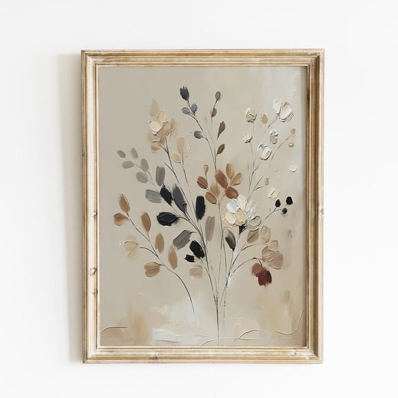 Neutral Beige Impasto Floral Minimal Wall Art Poster, Stretched Canvas 16x20in
