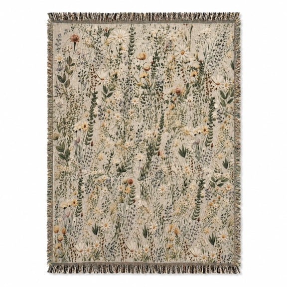 Neutral Beige and Green Wildflower Botanical Woven Throw Blanket, Cotton with Fringed Edges, Cottage Decor for Sofa and Bed