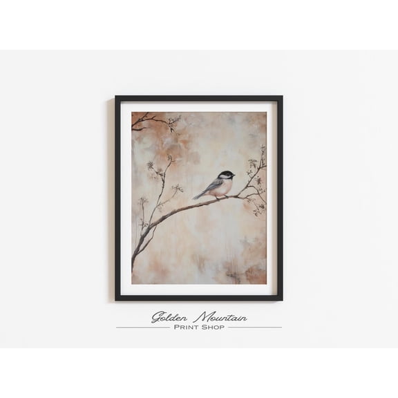 Neutral Bird Wall Art, Rustic Spring Trees, Vintage Farmhouse Flower Nature Decor, Beige Nursery Decoration, Brown Nature Art Home Decor, 8x12 UNFRAMED