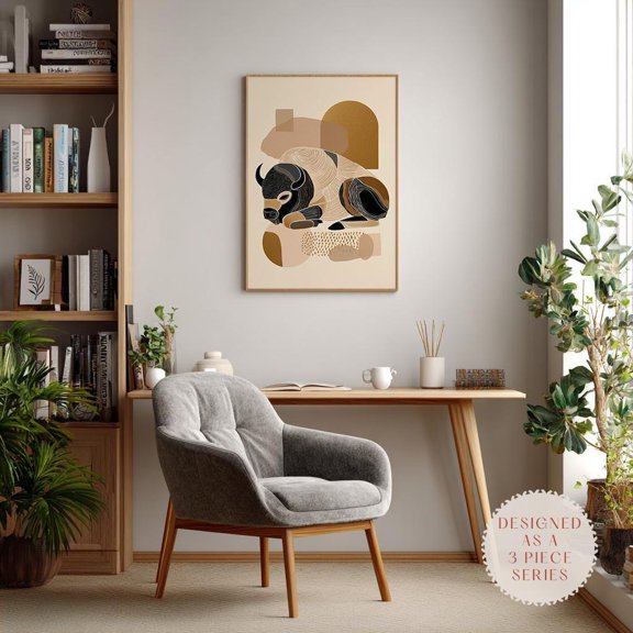 Neutral Bison Art Minimalist Animal Boho Modern Poster , Poster Print Only