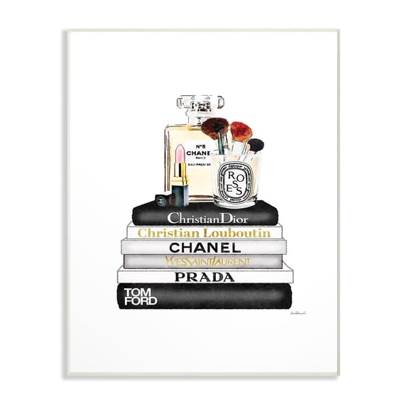 Neutral Black and White Fashion Bookstack with Perfume and Makeup Wall Plaque Art
