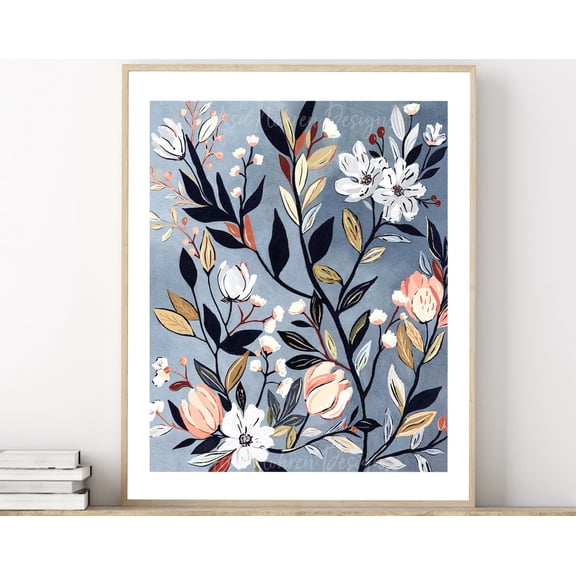 Neutral Blue Floral Abstract Plant Wall Art Botanical Illustration Leaves Flowers Modern Earth Tone Coral Wall Art, Modern Wall Decor, 16x24 UNFRAMED