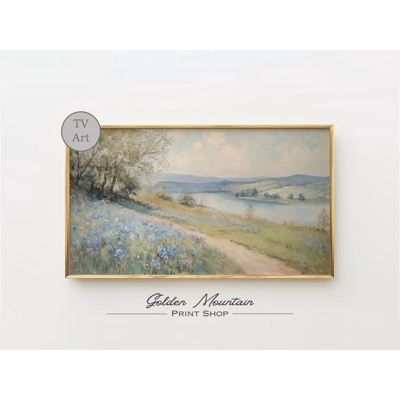 Neutral Blue Spring Wildflower Landscape, Spring Landscape, Floral Farmhouse, Vintage Flower Decor Unframed Paper Print