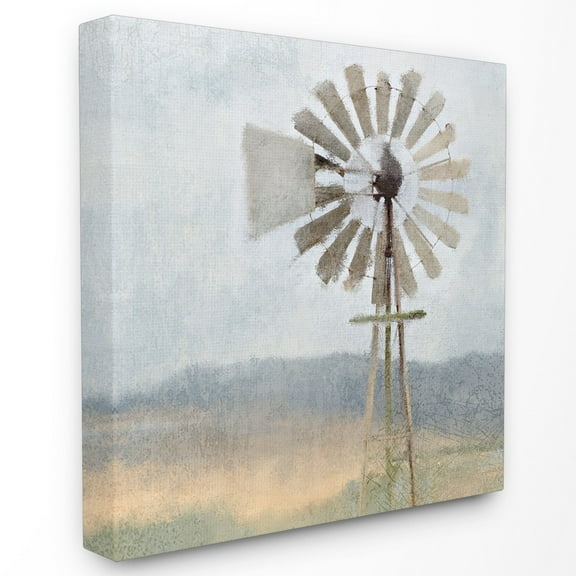 Neutral Blue Windmill Breeze Farmyard Painting Landscape Gallery-Wrapped Canvas Print Wall Art, 17x17