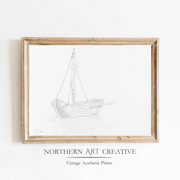 Neutral Boat Sketch Art Print Neutral Etching Vintage Summer Wall Art Wall Art Antique Etching Nautical Wall Art Home Decor #2466, Stretched Canvas Size 12x18