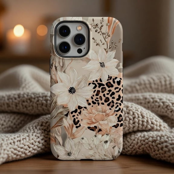 Neutral Boho Leopard Floral Case - Earthy Tone Bohemian Flower Tough MagSafe Cover Designed for iPhone 17, 16, 15, 14 Pro Max
