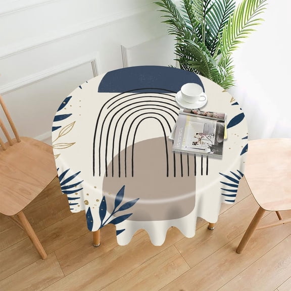 Neutral Boho Line Arch Navy Botanical Decor Round Tablecloth Table Cover 60"×60" Washable Decorative Table Cloth for Home Dining Hotel Patio Indoor Outdoor Use