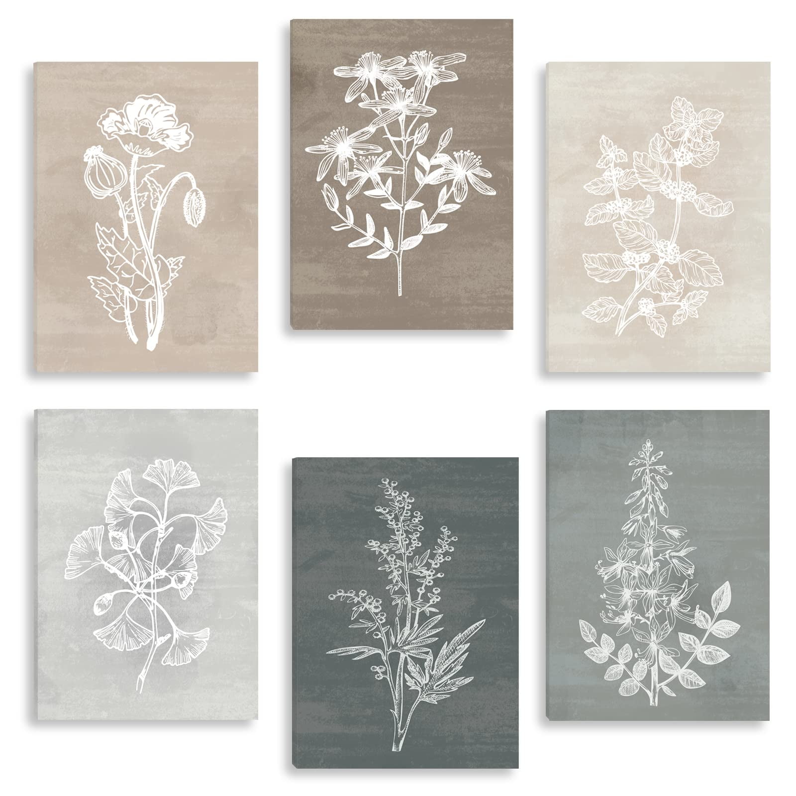 Neutral Botanical Plant Canvas Wall Art Rustic Farmhouse Framed Wall Decor Flowers and Plants Paintings Print Set of 6 for Living Room Bedroom and Bathroom 12"x 16"
