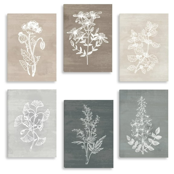 Neutral Botanical Plant Canvas Wall Art Rustic Farmhouse Framed Wall Decor Flowers and Plants Paintings Print Set of 6 for Living Room Bedroom and Bathroom 12"x 16"