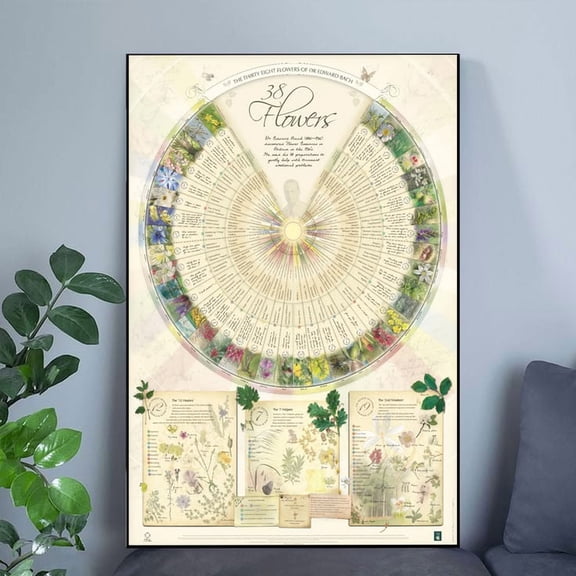 Neutral Botanical Wall Art Bach Flower Poster Wall Chart for the 38 Essences Remedies Botanical Poster Size 24''x36'' GoldenGate JSC