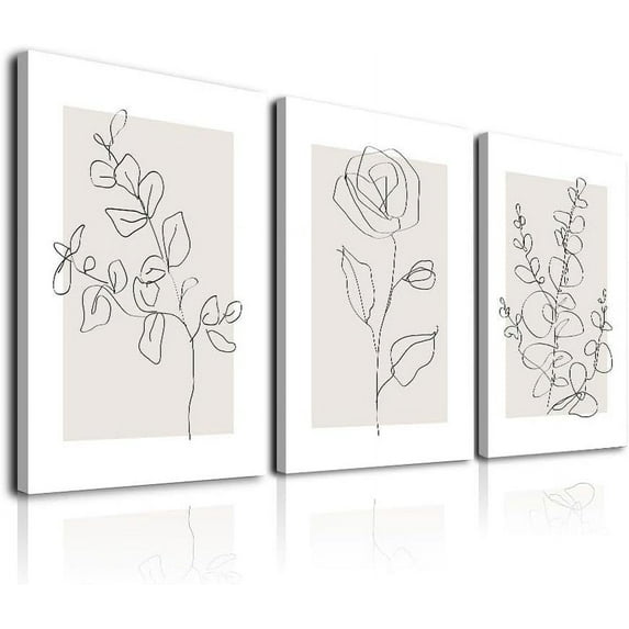 Neutral Botanical Wall Art, Farmhouse Plant Wall Decor Leaf Flower Line Canvas Wall Art, Minimalist Beige Boho Theme Art Framed Botanical Floral Print Paintings