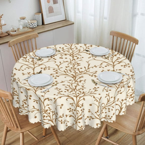 Neutral Brown Minimal Berry Vine Round Tablecloth Waterproof Oil Proof Spill Proof Table Cloth 70" for Camping, Dining, Indoor and Outdoor Table Cover