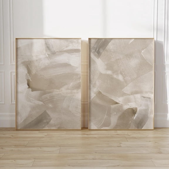 Neutral Brushstroke Beige Abstract Modern Living Room Wall Art Set 2 Stretched Canvas 16x24