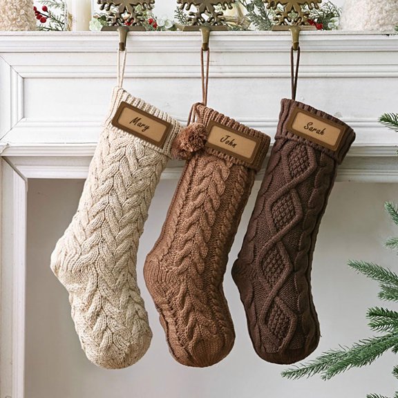 Neutral Cable Knit Christmas Stockings 3 Pack 18 Inch Earth Tones Handmade Fireplace Decor