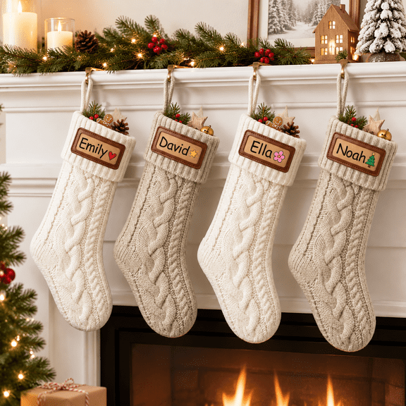 Neutral Cable Knit Christmas Stockings 4 Pack with DIY Name Tags, Large Size