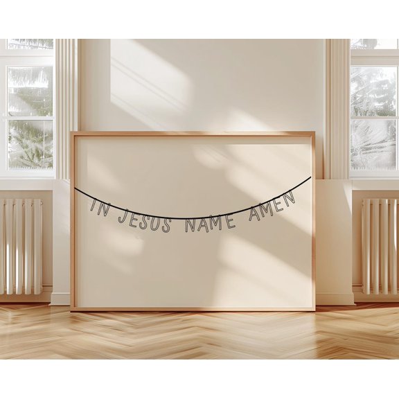 Neutral Christian In Jesus Name Amen Letter Banner Style Horizontal Wall Art Unframed Paper Print