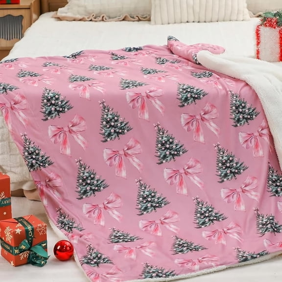 Neutral Christmas Throw Blanket Christmas Decorative Fleece Blankets Fluffy Soft Warm Plush Throws for Home Chair Sofa Couch Bed Xmas Decor Gifts 50" X 60"(Pink,Bow)