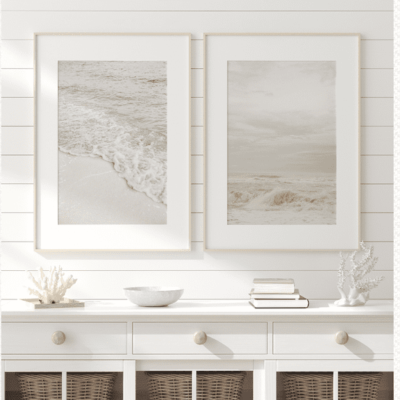 Neutral Coastal Ocean Wave Beach House Poster Set 2 Prints Set 2 , Poster Only