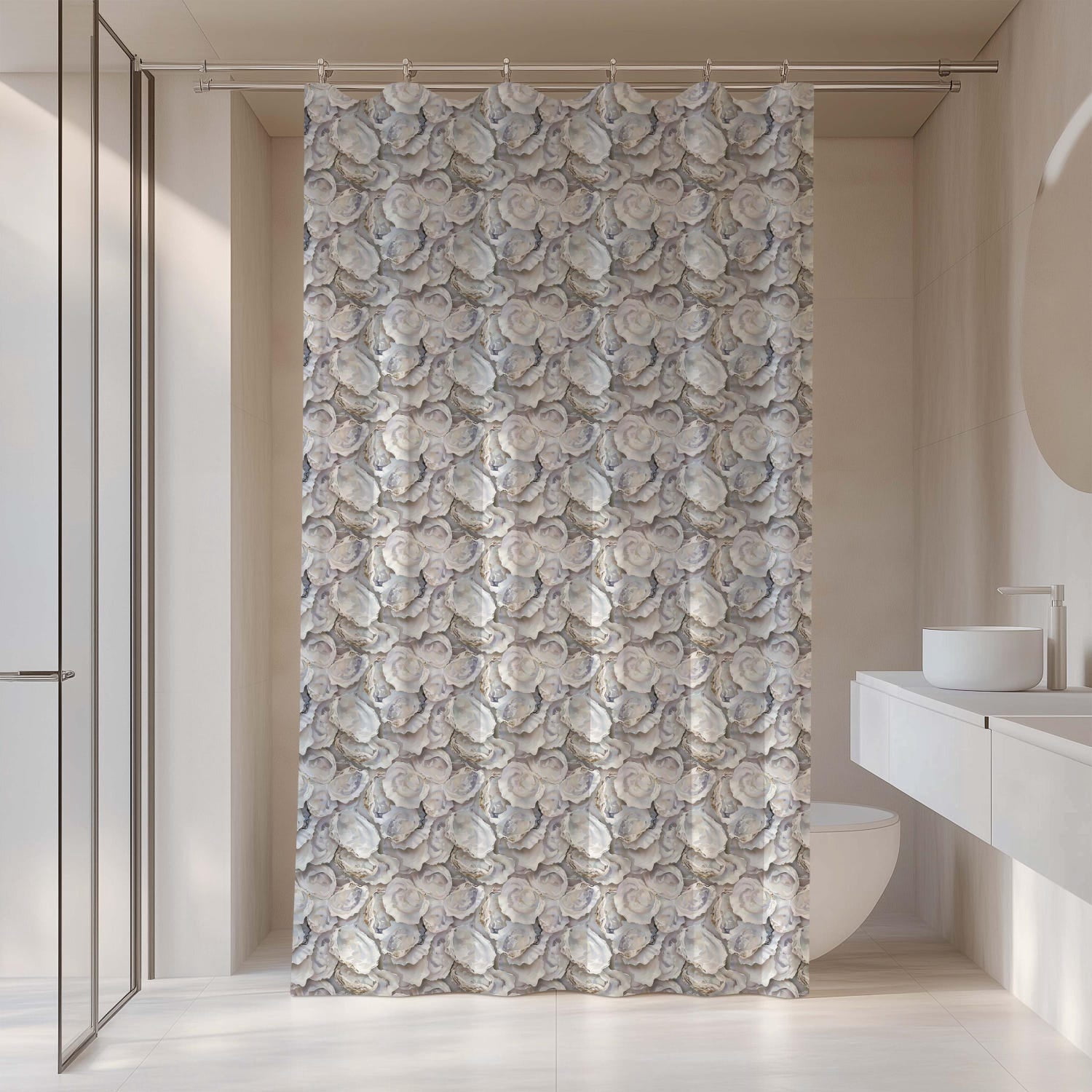 369 Shell Neutral Coastal Oyster Shell Shower Curtain | Tropical Beach House ...