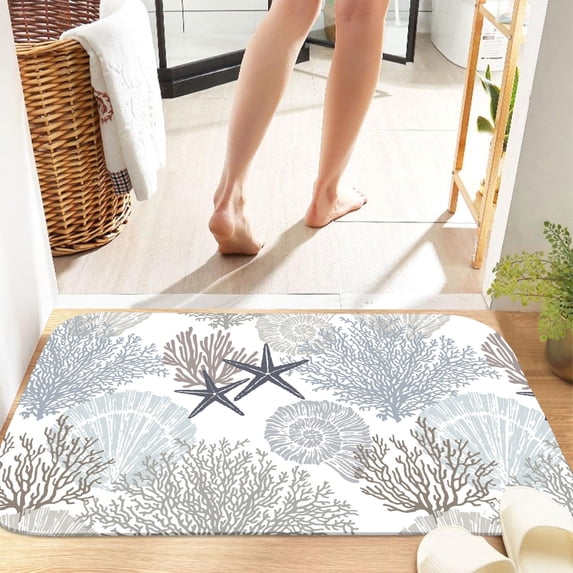 Neutral Coastal Starfish Coral 16x24 Flannel Bath Mat for Bathroom, Anti-Slip Backing Soft Bathroom Rug, Washable Water Absorbent Mat