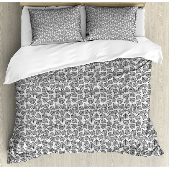 Neutral Color Duvet Cover Set, Monochrome Layout of Repeating Fall Leaves with Inner Ornaments, Decorative 3 Piece Bedding Set with 2 Pillow Shams, Queen Size, Pale Taupe Charcoal Grey, by Ambesonne