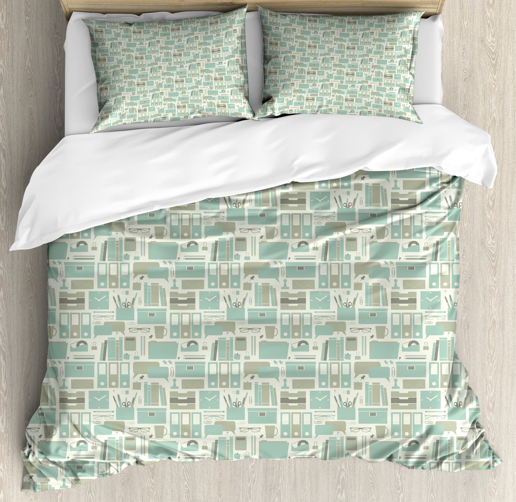 Neutral Color Duvet Cover Set, Workplace Objects Computer Calculator ...