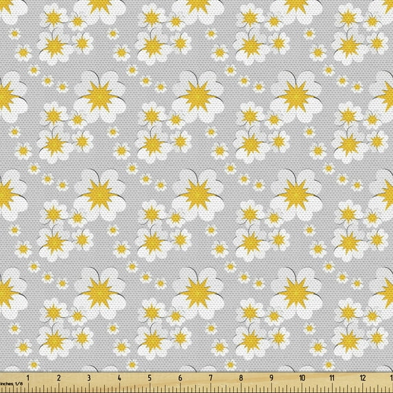 Neutral Color Fabric by the Yard, Spring Daisy Blossom Branches Summer Petals Season Pattern, Upholstery Fabric for Dining Chairs Home Decor Accents, Marigold White and Pale Grey by Ambesonne