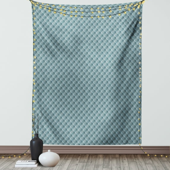 Neutral Color Tapestry, Overlapped Style Rounds with Geometric Square Ornaments Pattern, Wall Hanging for Bedroom Living Room Dorm Decor, 60W X 80L Inches, Blue Grey and Pale Teal, by Ambesonne