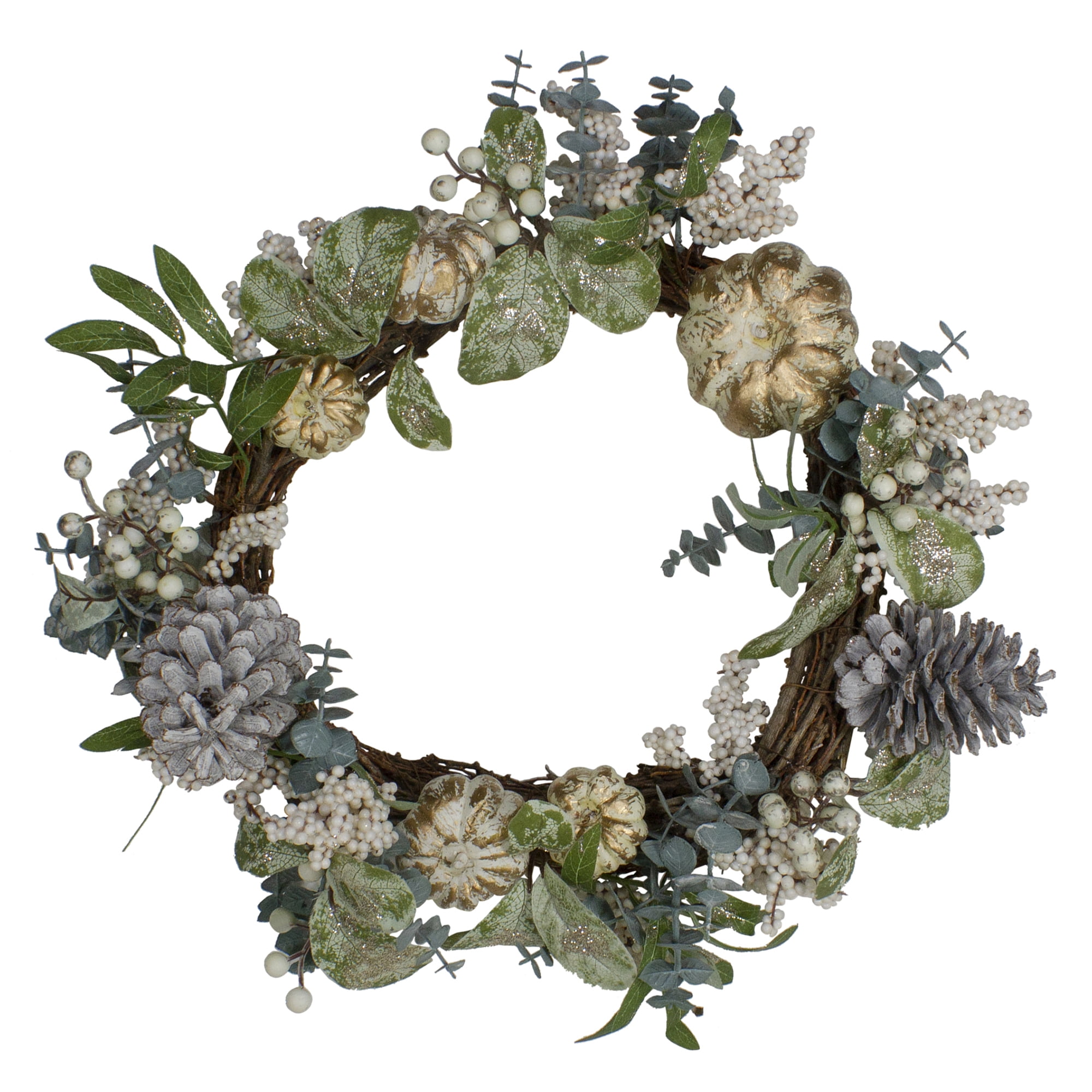 Neutral Gold and White Pine Cone Fall Harvest Wreath, 18-Inch