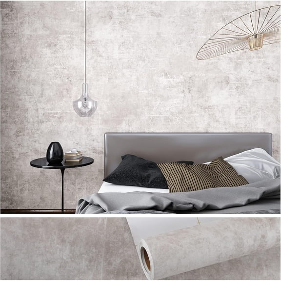 Neutral Concrete Wallpaper Peel and Stick Boho Concrete Contact Paper for Walls Countertop Waterproof 118''x32'' Wide Removable Adhesive Cement Vinyl Wallpaper for Bedroom Bathroom Living Room