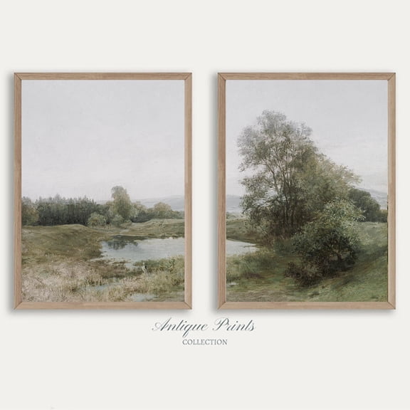 Neutral Countryside Vintage Print Country Vertical 2 Pieces Wall Art Cottage Decor Nature Landscape Painting Set 2