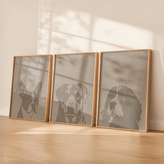 Neutral Dog Silhouette Wall Art Minimalist Pet Portrait Modern Greige Dog Living Room Art Set 3 Stretched Canvas 8x12
