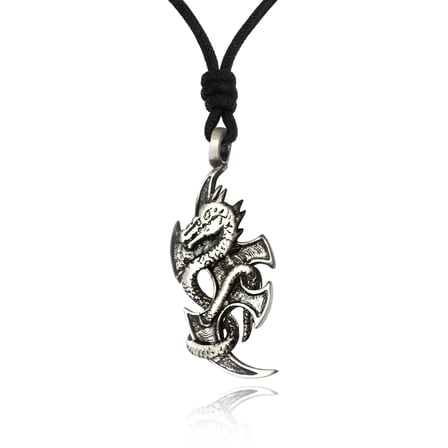 Neutral Dragon Silver Pewter Charm Necklace Pendant Jewelry With Cotton Cord
