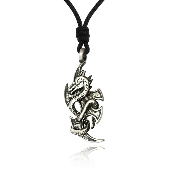 Neutral Dragon Silver Pewter Charm Necklace Pendant Jewelry With Cotton Cord