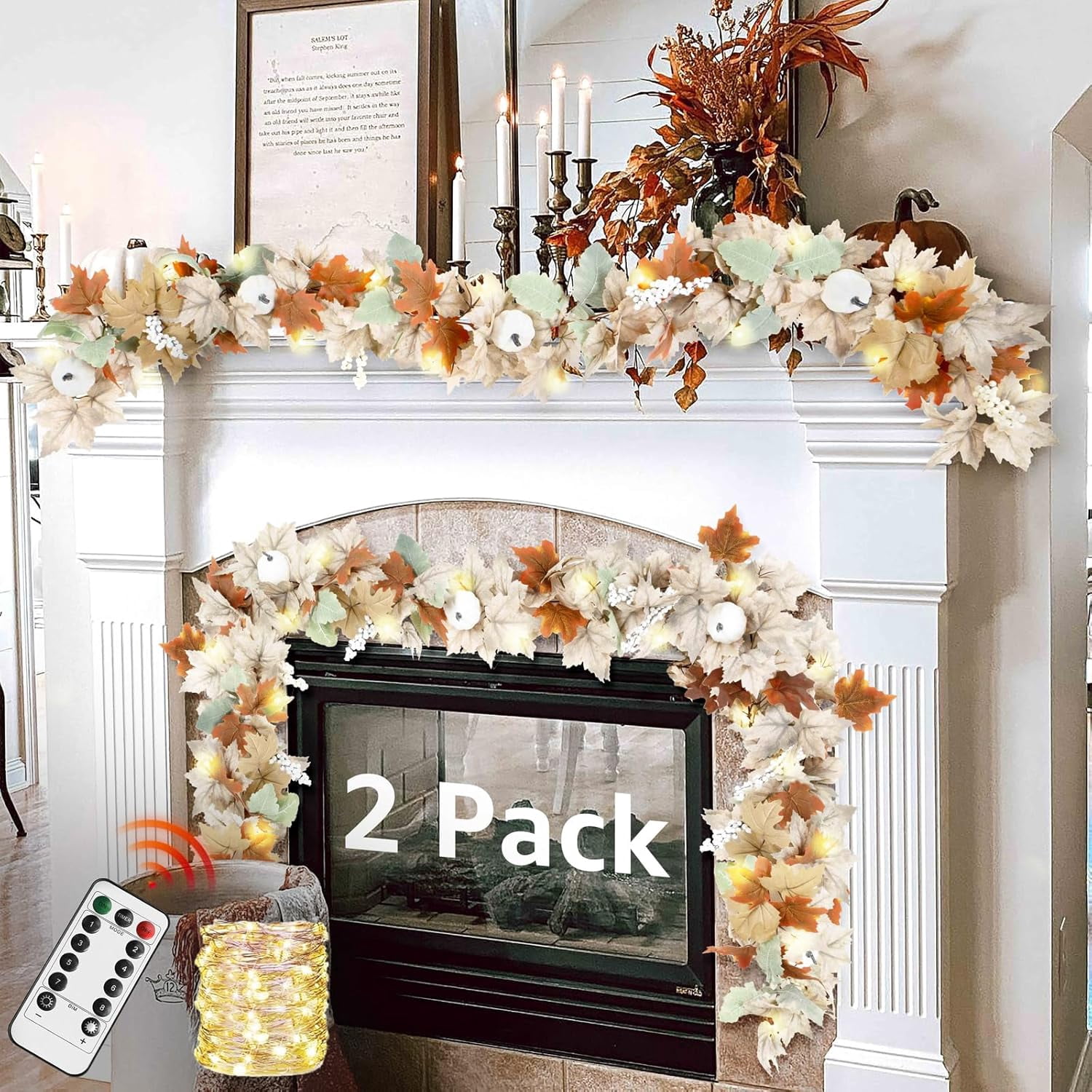Neutral Fall Garland for Mantle Fireplace - 2 Pack 6Ft Outdoor Autumn ...