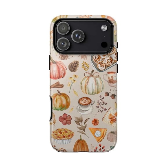 Neutral Fall Harvest Phone Case, Rustic Pumpkin & Pie Thanksgiving Pattern Cover for iPhone 17 16 15 14 13 12 11 Pro Plus Mini