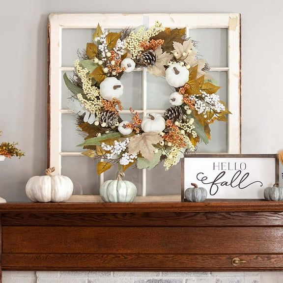 Neutral Fall Wreaths for Front Door, 13" Outdoor Fall Decorations for Home and Porch, Neutral Autumn Large Pumbkin Wreath for Halloween, Thanksgiving, Harvest Decoration