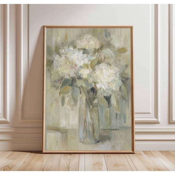 Neutral Floral Hydrangea Vase Soft Beige Elegant Botanical Decor Unframed Paper Print
