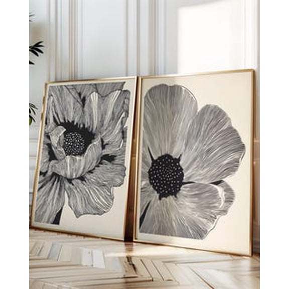 Neutral Floral Line Art Diptych, Abstract Black Beige Flower Print, Minimalist Modern Wall Art, Botanical Poster, Home Decor, Poster Only