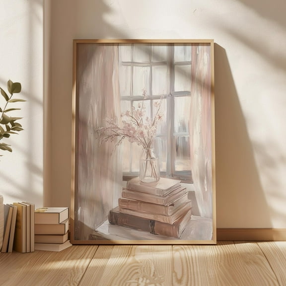 Neutral Floral Vase With Books Print, Minimalist Cozy Decor, Soft Beige And Cream Tones, Serene Windowsill Art, Rustic Home Wall Art, Modern Wall Decor, 16x24 UNFRAMED