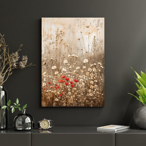 Neutral Floral Wall Art Beige Wildflower Field Red Poppies Rustic Botanical Unframed Paper Print