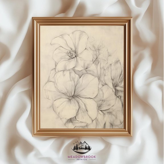 Neutral Flower Pencil Rustic Burlap Botanical Farmhouse Unframed Paper Print