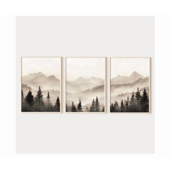 Neutral Forest Mountain Foggy Landscape Triptych Poster Home Decor Office Wall Art Set 3