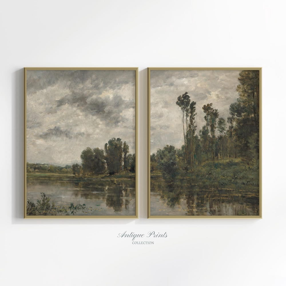 Neutral French Country River Painting Vintage Farmhouse Wall Art Set 2 ...