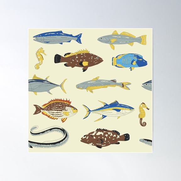 Neutral Funky Fish Pattern Poster Wall Art, Modern Wall Decor For Living Room Bedroom, 24x24 UNFRAMED
