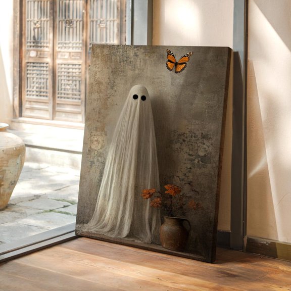 Neutral Ghost Art Vintage Minimal Hal.Low.Een Decor With Butterfly & Fall Florals Soft Autumn Print Art
