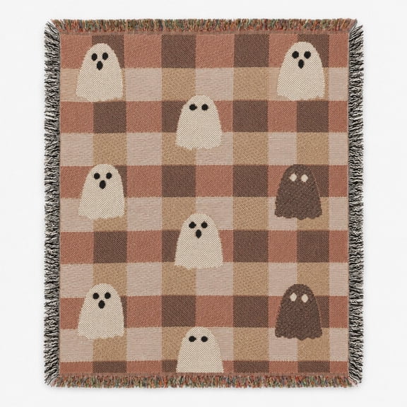 Neutral Ghost Checkered Halloween Woven Throw Blanket, 100% Cotton with Fringed Edges, Home Decor