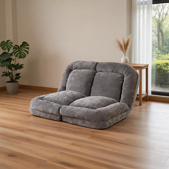 Neutral Gray 2-Person Large Convertible Fold-Out Lazy Sofa Bed with Fabric and Metal Frame