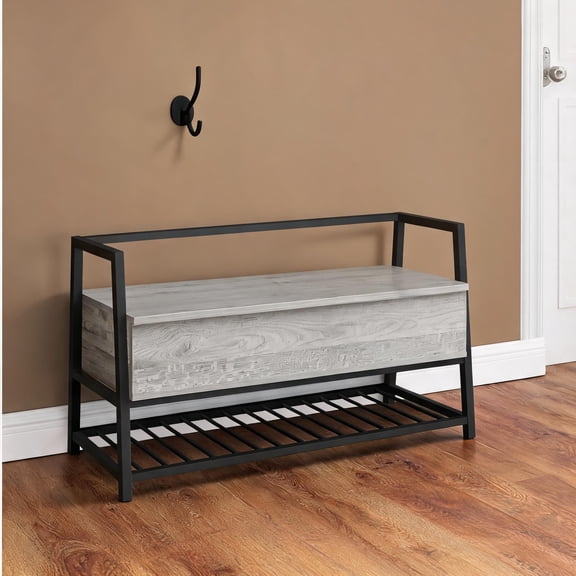 Neutral Gray 42-Inch Modern Flip Top Storage Bench, Black Metal Frame, Laminate MDF for Entryway Hallway